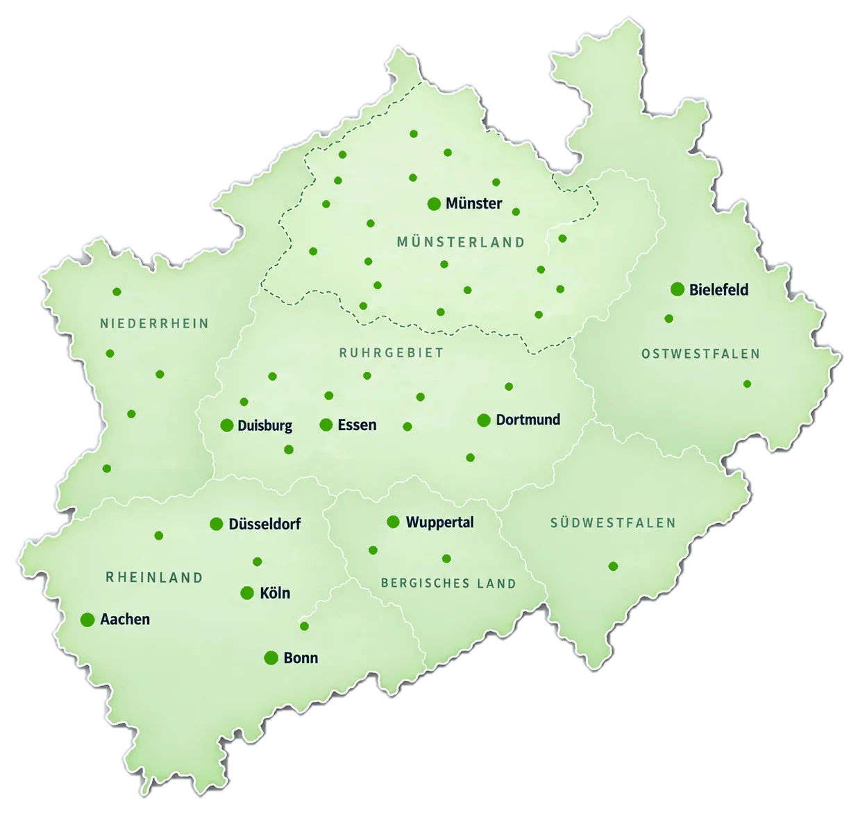 Karte Nordrhein-Westfalen mit den Einsatzgebieten Münsterland, Ruhrgebiet, Rheinland, Bergisches Land, Niederrhein, Ostwestfalen und Südwestfalen sowie allen betreuten Städten